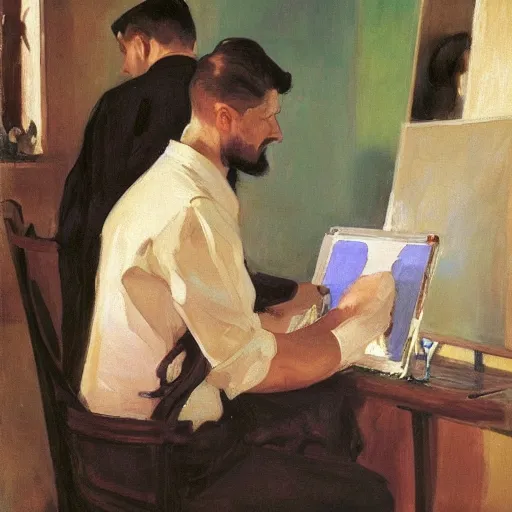 Prompt: sorolla's painting of the bioinformatician installing python software