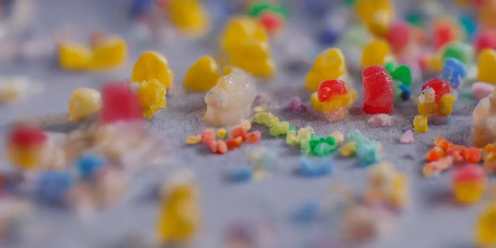 Image similar to a cinematic film still of a claymation stop motion film about a town made of lemons and candy, shallow depth of field, 8 0 mm, f 1. 8