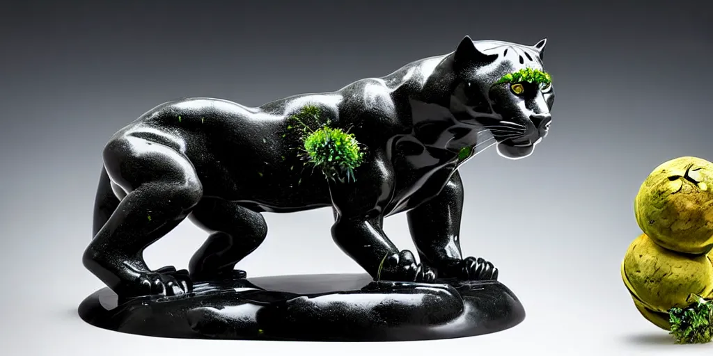 Prompt: panther sculpture created by a mixture of pistachio ice cream, black marble, dandelions and coca cola being thrown around by centrifugal forces, brilliant museum sculpture, award winning photo, 4k