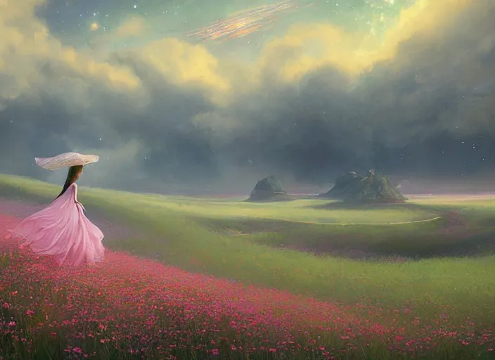 Prompt: a lone princess walks through a vast flower field in the cosmic sky by guweiz and peder mørk mønsted and delphin enjolras