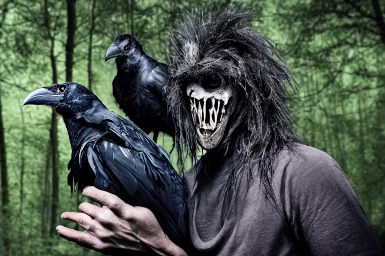 Image similar to werecreature consisting of a crow and a human, photograph captured in a dark forest