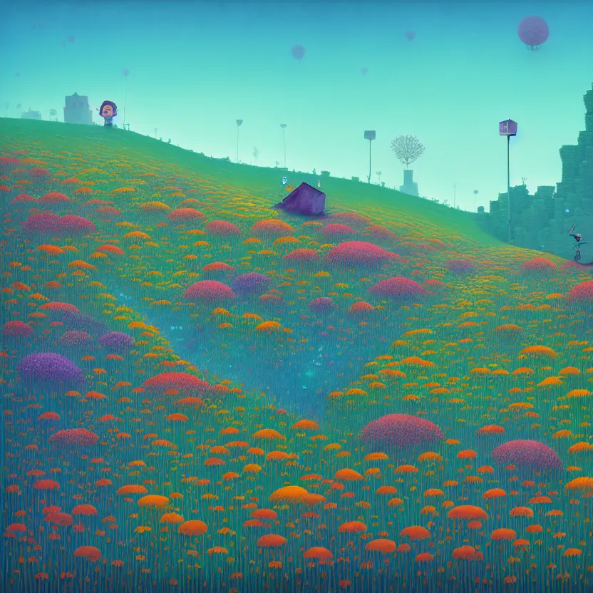 Image similar to ( ( ( gediminas pranckevicius ) ) ), stillness travel arrival wild flower garden summer morning, very coherent and colorful high contrast art by simon stalenhag james gilleard floralpunk screen printing woodblock, dark shadows, pastel color, hard lighting