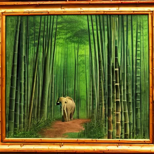 Image similar to an elephant walking through a tall bamboo forest, oil painting by hiroshi yoshida