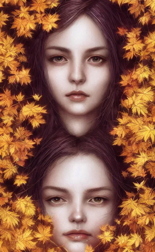 Image similar to golden leaves at frame border, creative!!! composition for a book cover!!!, absurdly beautiful, ultrafine hyperrealistic detailed old witch face by wlop and artgerm and greg rutkowski, intricate linework, sharp focus, smooth, octopath traveler, final fantasy, unreal engine, dramatic lighting, ethereal, 8 k