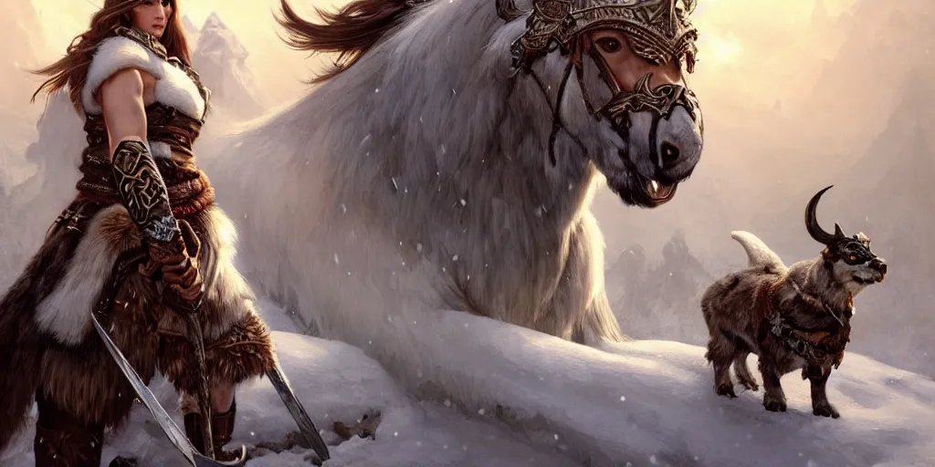 Image similar to azure viking warrior with animal companion, regal, elegant, winter, snow, beautiful, stunning, hd, illustration, epic, d & d, fantasy, intricate, elegant, highly detailed, digital painting, artstation, concept art, smooth, sharp focus, illustration, wallpaper, art by artgerm and greg rutkowski and alphonse mucha and jin xiaodi