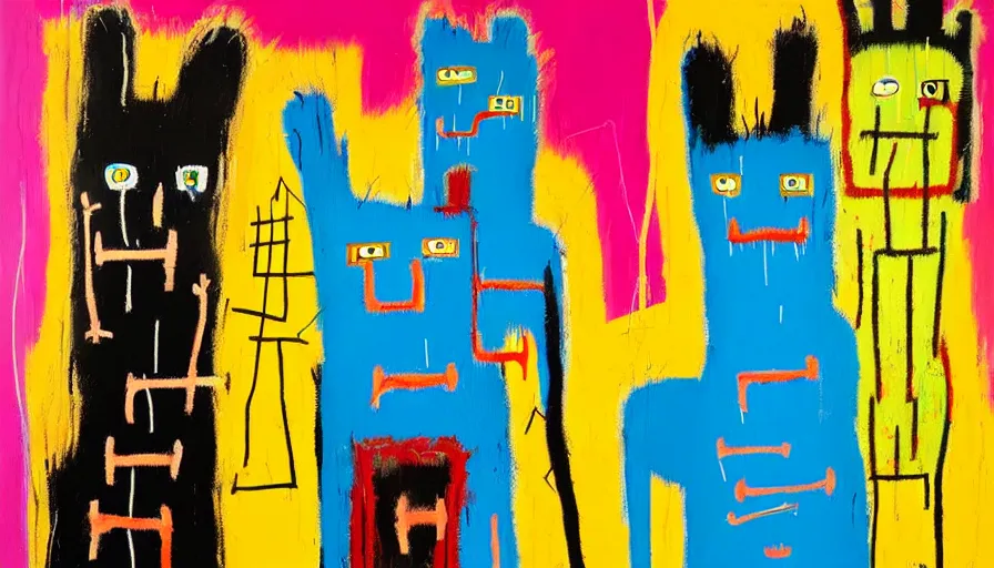 Image similar to highly detailed contemporary acrylic painting of really tall sitting cats by jean - michel basquiat, thick brush strokes and visible paint layers, dense overgrown forest background, vivid pastel color scheme