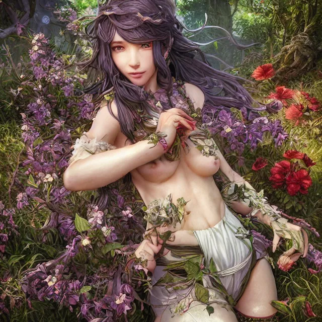 Image similar to the portrait of chaotic good female druid botanist as absurdly beautiful, gorgeous, elegant, young gravure idol, an ultrafine hyperdetailed illustration by kim jung gi, irakli nadar, intricate linework, sharp focus, bright colors, octopath traveler, final fantasy, unreal engine 5 highly rendered, global illumination, radiant light, detailed and intricate environment