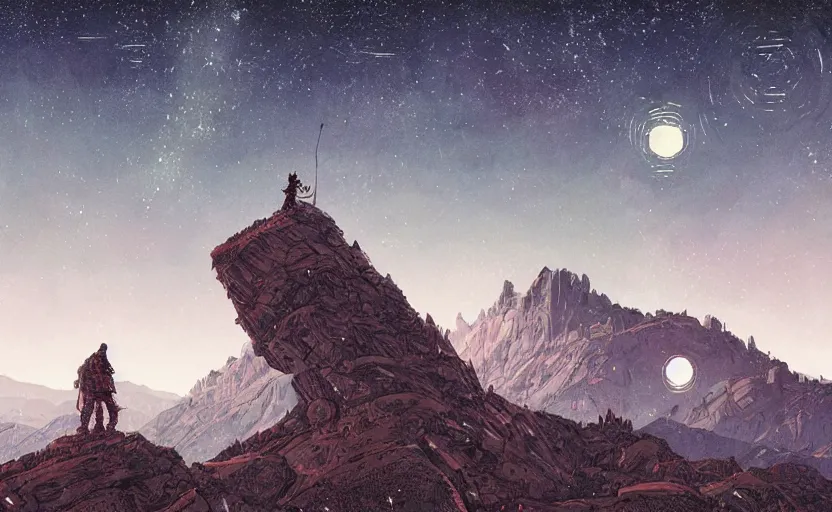 Prompt: mountains, stars and paisley filled sky, artstation, intricate, highly detailed, digital painting, concept art, sharp focus, illustration by Enki Bilal and Simon Stalenhag