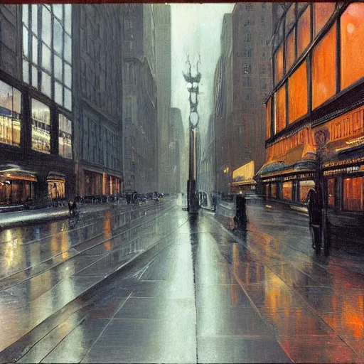 Image similar to muted color ultra realistic painting mirror dimesnions 1 9 2 5 boston downtown at night, dark, brooding, night, atmospheric, horror, cosmic, ultra - realistic, smooth, highly detailed in the style of clyde caldwell