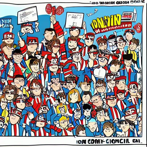 Prompt: cartoon of where's waldo at comic con