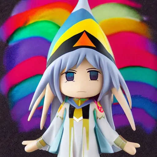 Image similar to a wizard with a rainbow wizard hat vinyl figure, anime style, nendroid