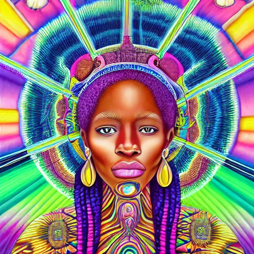 Image similar to a regal and heroic african queen with a colorful afro sitting in a cabana near a large steampunk pyramid near a pink river with a large glowing baobab tree, by amanda sage and alex grey and evgeni gordiets in a surreal psychedelic style, symmetrical, detailed eyes, oil on canvas 8k, hd