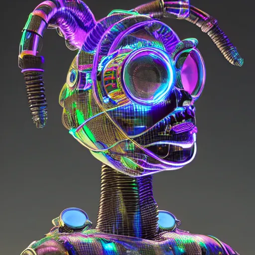 Prompt: a irisdiscent glass statue of a steampunk maya futuristic robot head wearing brain sensors with multicolored tubes and a headset, 8 k, front shot, symetrical, flourescent colors, halluzinogenic, multicolored, insanely detailed, front shot, 3 d render, octane