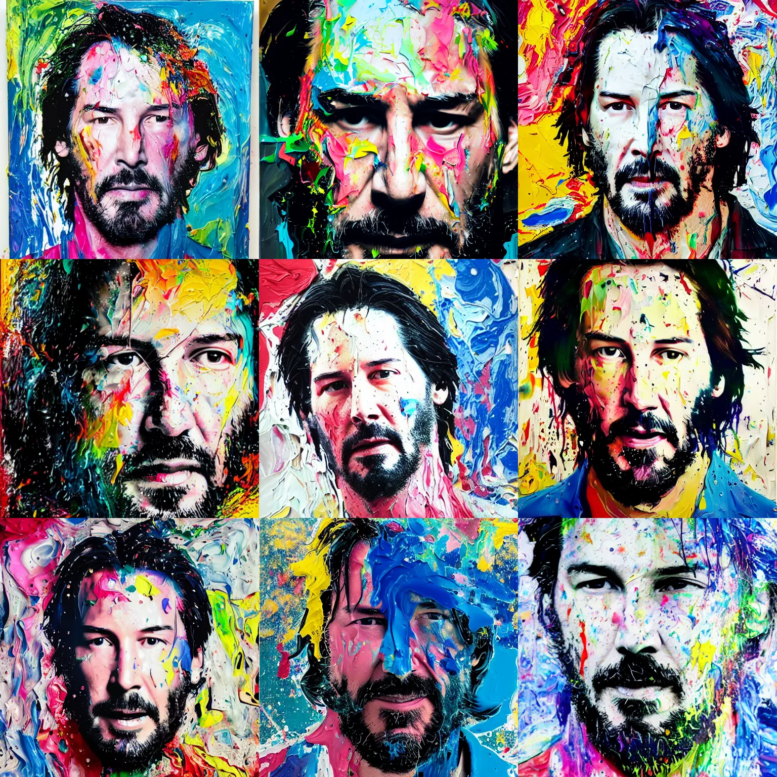 Prompt: abstract expressionist portrait of a keanu reeves made of very thick impasto paint and acrylic pour and coloured powder explosion and splashing paint and dripping paint and flying paint chunks, art by antony micallef, motion blur, hyperrealistic, intricate art photography, anatomically correct, realistic crisp textures, 1 6 k