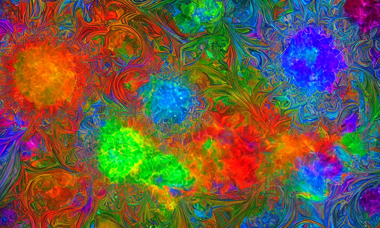 Image similar to acrylics blob voronoi engine laboratory 3 d volume kaleidoscope mandala fractal chakra digital multicolor stylized concept substance liquid nebula stone, a spectacular view cinematic rays of sunlight comic book illustration, by john kirby radiating a glowing aura global illumination ray tracing hdr depth fog overlay multiply photoshop layer