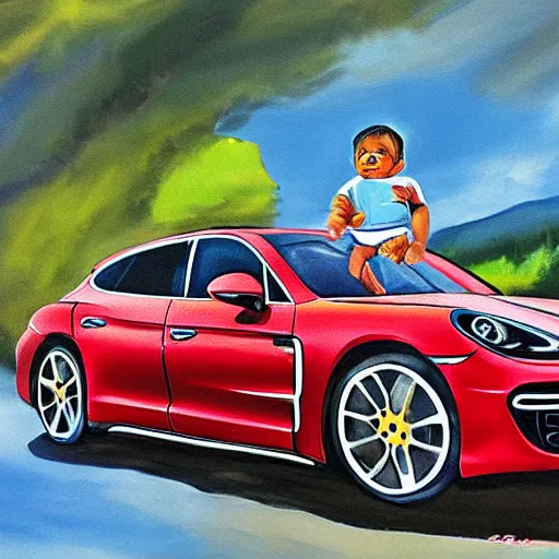 Image similar to painting of indian baby in porsche panamera