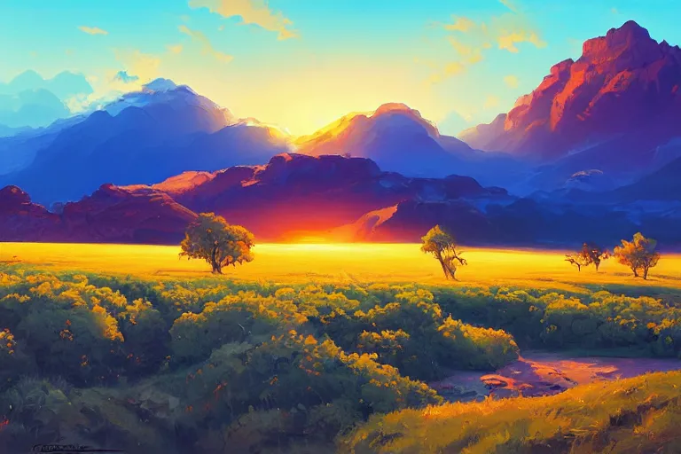 Prompt: a beautiful nature landscape with clouds, mountains, in background, sunset, by rhads