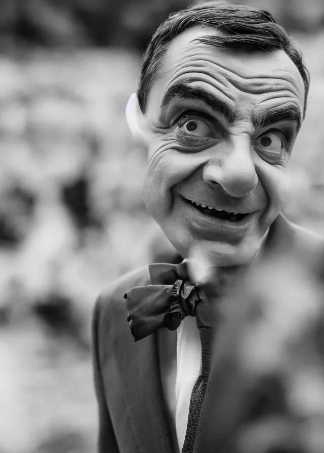 Prompt: close up photo of mr bean as james bond in london, 4 0 mm f / 2. 8, cinematic, cool, anamorphic, dramatic