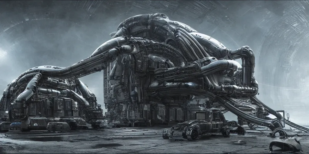 Image similar to prometheus movie, alien structures, industrial maintenance shuttle vehicle, sci - fi interior, technology, by h. r. giger, concept artwork 8 k render octane high definition