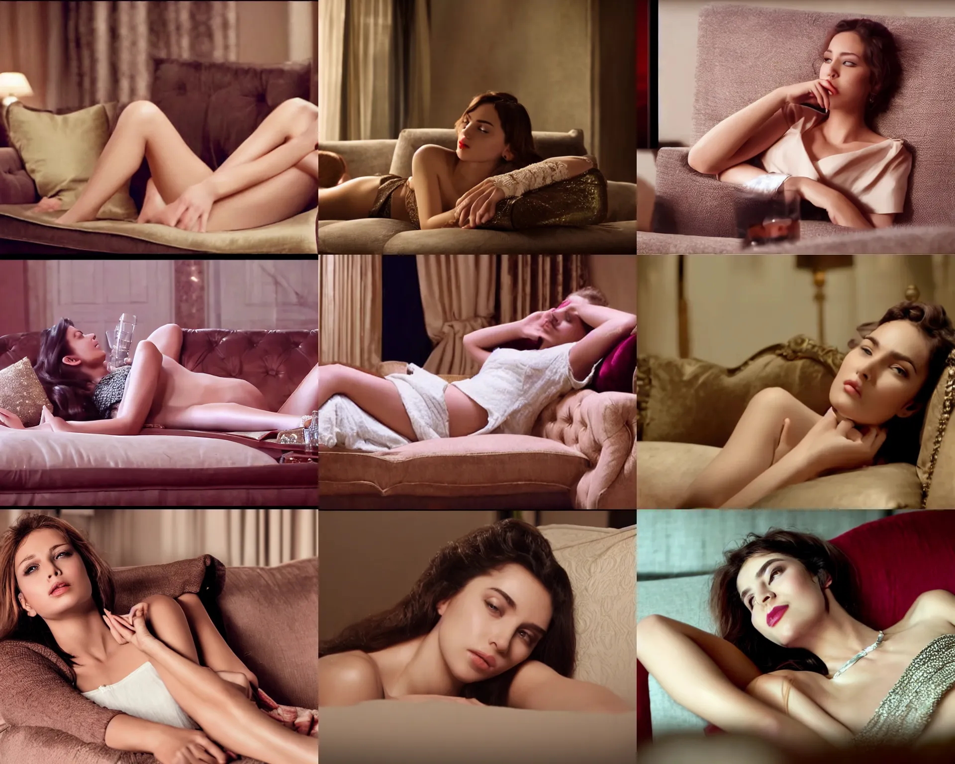 Prompt: a luxury scene of a young beauty lying on the sofa drinking, movie screen shot