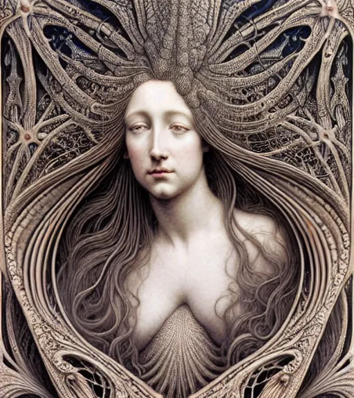 Image similar to detailed realistic beautiful mermaid goddess face portrait by jean delville, gustave dore, iris van herpen and marco mazzoni, art forms of nature by ernst haeckel, art nouveau, symbolist, visionary, gothic, neo - gothic, pre - raphaelite, fractal lace, intricate alien botanicals, ai biodiversity, surreality, hyperdetailed ultrasharp octane render