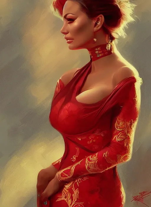 Image similar to lindsey pelas wearing a red kebaya, digital painting, artstation, concept art, sharp focus, illustration, art by artgerm and greg rutkowski and alphonse mucha