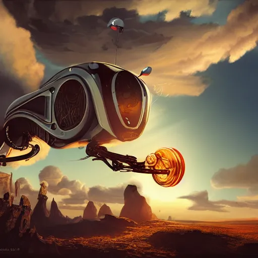 Prompt: an epic fantasy illustration of a flying robotic vespa scooter among the clouds by alejandro burdisio, industrial, hydraulics, prosthetics, 4K, golden hour hues