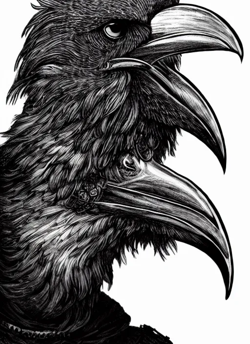 Image similar to warlock with the head of a raven, wind magic, exquisite details, black beard, white background, by studio muti