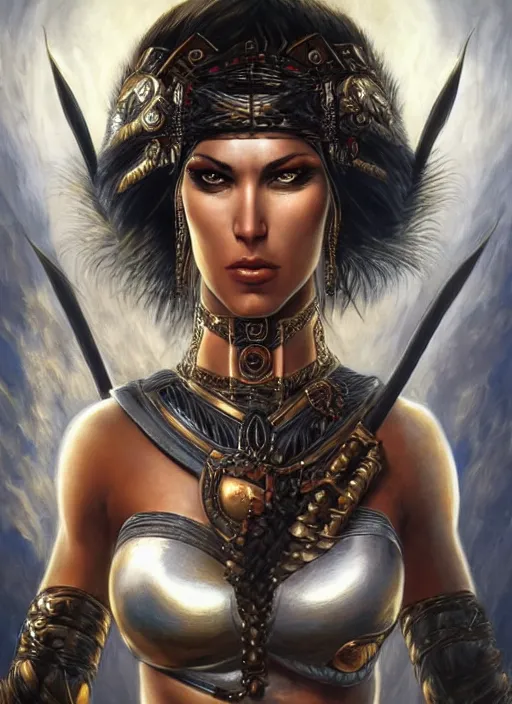 Image similar to a highly detailed symmetrical painting of a female amazon warrior with piercing beautiful eyes in dark tomb setting, dynamic lighting, ambient lighting, deviantart, art by artgerm and karol bak and mark brooks