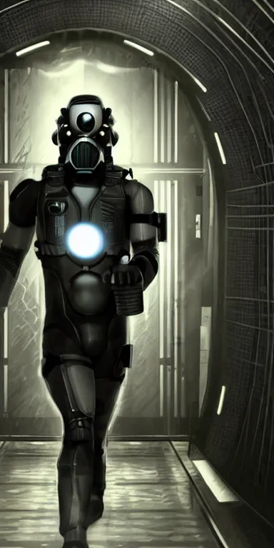 Image similar to full body cinematic shot of a male time traveling intelligence agent in a black and greyscale sealed continuity suit stepping through an arched time travel gateway with glowing keystone, masculine, simple and functional with gaiter-style gas mask, a mix between splinter cell and metal gear solid by alphonse mucha