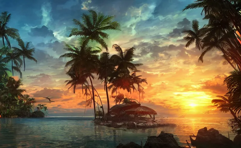 Image similar to a tropical resort in a jungle paradise, with a beautiful red and blue sunset, dynamic lighting, photorealistic fantasy concept art, trending on art station, stunning visuals, creative, cinematic, ultra detailed, ray tracing, sun rays, native tribes, wonderous waters, amazing detail