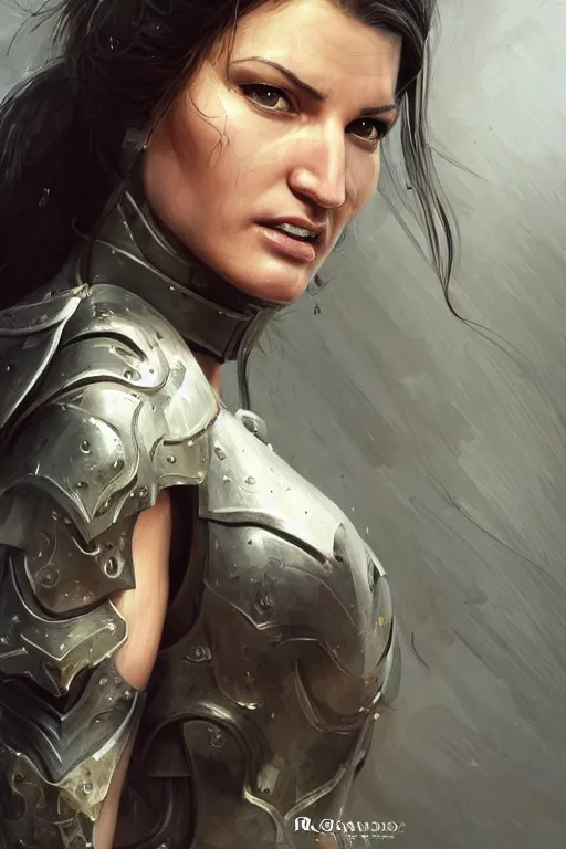 Prompt: a finely detailed portrait of Gina Carano, clothed in battle armor, olive skin, long dark hair, beautiful bone structure, symmetrical facial features, intricate, elegant, digital painting, trending on Artstation, concept art, smooth, sharp focus, illustration, from World of Warcraft, by Ruan Jia and Mandy Jurgens and Artgerm and william-adolphe bouguerea, award winning