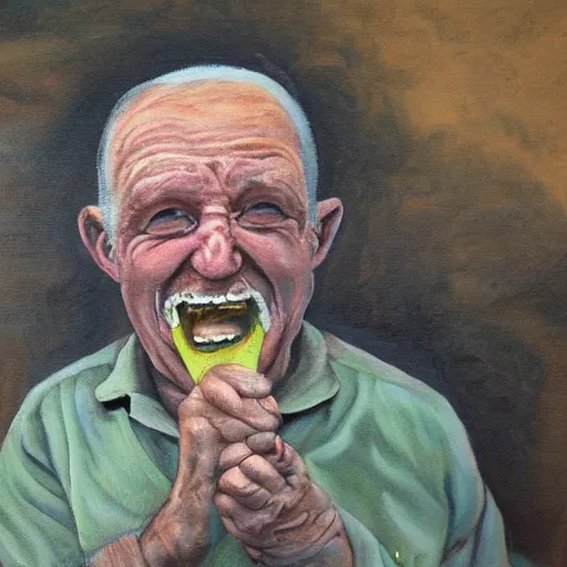 Prompt: a painting of a happy old man eating mud