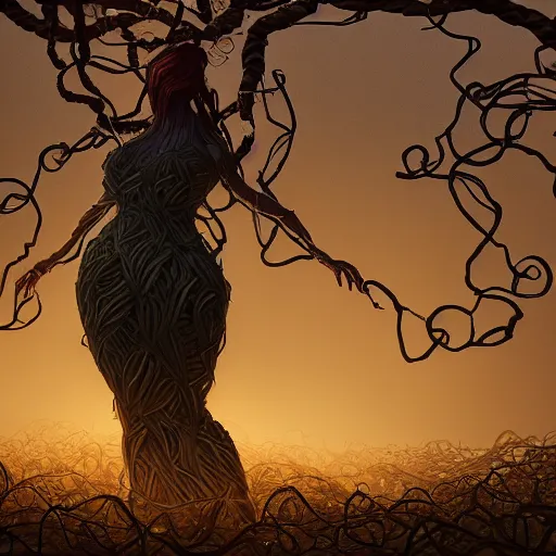 Image similar to a giant lady made of vines and leaves Dramatic Lighting, Trending on Artstation HQ, 4K, UHD.