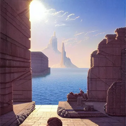 Image similar to David Ligare, scifi landscape, hyperrealistic surrealism, award winning masterpiece with incredible details, epic stunning, infinity pool, a surreal vaporwave liminal space, highly detailed, trending on ArtStation, artgerm and greg rutkowski and alphonse mucha, daily deviation, IAMAG, broken giant marble head statue ruins, golden hour