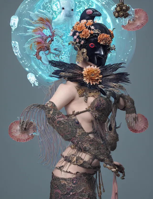 Image similar to 3 d goddess bottom - up with ram skull. beautiful intricately detailed japanese crow kitsune mask and clasical japanese kimono. betta fish, jellyfish phoenix, bio luminescent, plasma, ice, water, wind, creature, artwork by tooth wu and wlop and beeple and greg rutkowski