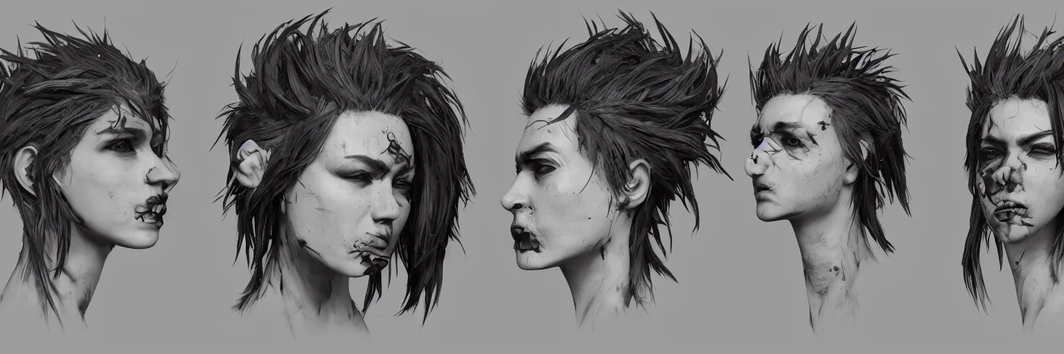 Image similar to character faces, realistic punk singer faces, rocker, aggressive, character sheet, fine details, concept design, contrast, kim jung gi, greg rutkowski and da vinci, trending on artstation, 8 k, emotional, face turnaround, front view, back view, side view, ultra wide angle