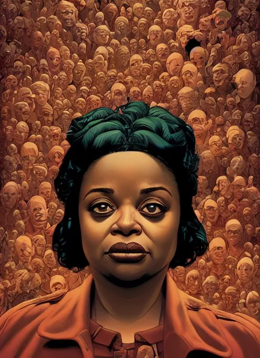 Image similar to poster artwork by Michael Whelan and Tomer Hanuka, Karol Bak of Octavia Spencer has a voice in her head, reality is a labyrinth, psychological thriller from scene from Twin Peaks, clean, simple illustration, nostalgic, domestic, full of details