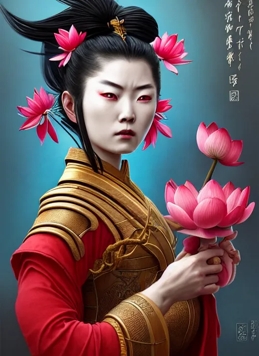 Prompt: ultra realistic illustration of a wrathful samurai warrior woman dressed in red holding a lotus flower, killing street thugs dressed in blue garb, cinematic scene, intricate, elegant, highly detailed, lotus flower, digital painting, artstation, concept art, smooth, sharp focus, illustration, art by artgerm and greg rutkowski and alphonse mucha and wlop