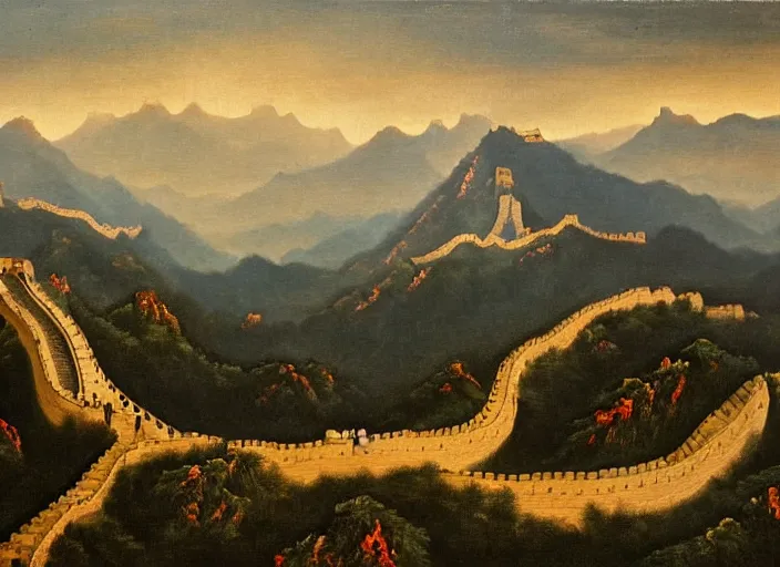 Image similar to the great chinese wall in the style of hudson river school of art, oil on canvas