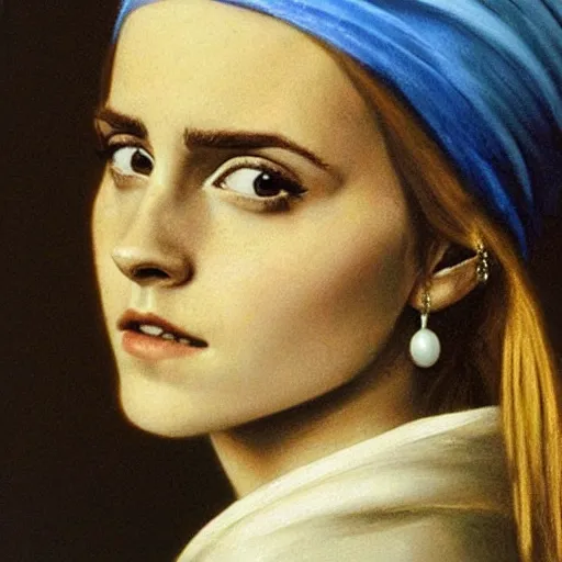 Image similar to emma watson with a Pearl Earring painted by Beksinski