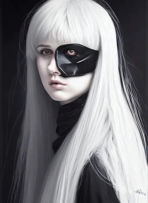 Image similar to portrait of white teenage girl, normal face, white bangs, mall goth, cyberlox, black and white hair, bangs, fluffy bangs, intricate, elegant, highly detailed, digital painting, artstation, concept art, sharp focus, smooth, illustration, art by wlop, mars ravelo and greg rutkowski