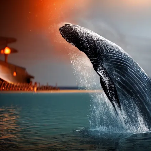 Image similar to a photorealistic whale jumping out of water while smoking a cigar, ultra realistic, octane render