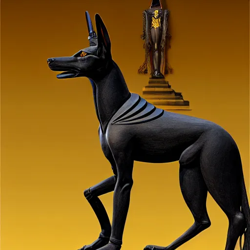 Image similar to a statue of anubis made of black ebony, decorated with gold and enamel,, elegant, epic, detailed, intricate, digital painting, concept art, realistic detailed, smooth, focus, rim light