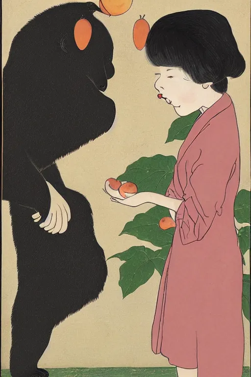 Prompt: portrait of a girl giving a peach to a large anthropomorphic asian black bear, in the style of foujita tsuguharu