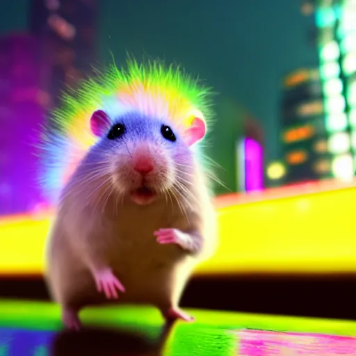 Prompt: hamster with rainbow fur in a cyberpunk city with bright neon lights, 8 k, hd, light reflection