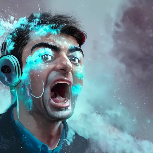 Prompt: tony khan wearing a headset, yelling furiously, piles of white powder everywhere, scolding, background filled with frightened people, intense, hyper detailed, artstation, flashing lights, hyper anger, intricate detail, concept art, 8 k