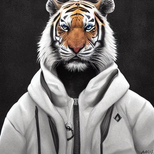 Prompt: a beautfiul award winning aesthetic commission of an antrho albino tiger wearing a black padded hooded puffer jacket,digital art,art by artgerm,character design by charles bowater,ross tran,photorealistic,detailed face,hyperdetailed,western comic,2021,artstation,deviantart