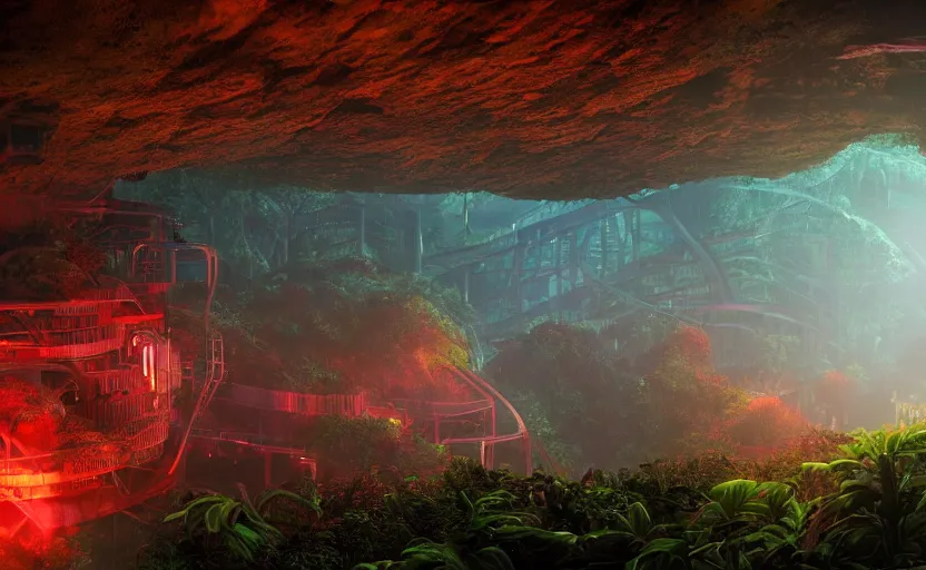 Image similar to a beautiful render of a sci - fi scientific industrial facility localized in a jungle cave, lush flora, patches of yellowish - red - magenta sky, sunset lighting, detailed, hazy, humid, volumetric lighting, god rays, 8 k, photorealistic, raytracing effects, rtx on