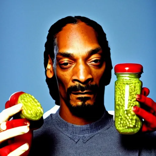 Prompt: Snoop Dogg holding a Jar of pickles for a 1990s sitcom tv show, Studio Photograph, portrait, C 12.0